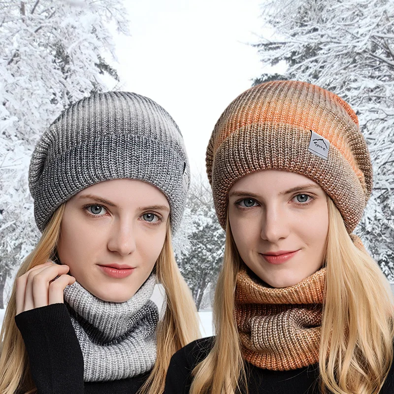 2 unid/set conjunto de gorro y bufanda para el cuello para mujer con bufanda más cálida de moda de felpa Color degradado para Otoño e Invierno 2025