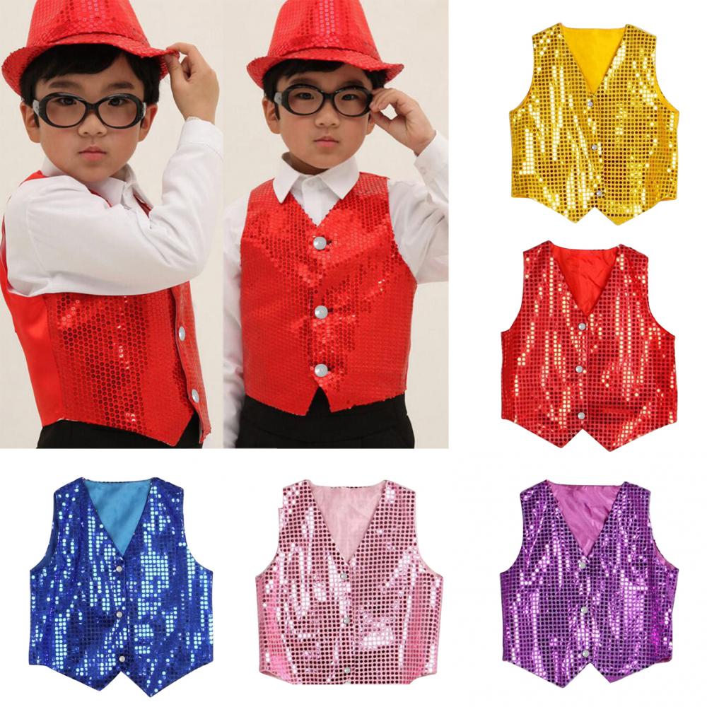 เด็ก Shining Sequins เสื้อผ้าเด็กนักเรียนคริสต์มาส STAGE เครื่องแต่งกายเด็ก Hip-Hop JAZZ STAGE Dance เสื้อกั๊กเสื้อกั๊ก