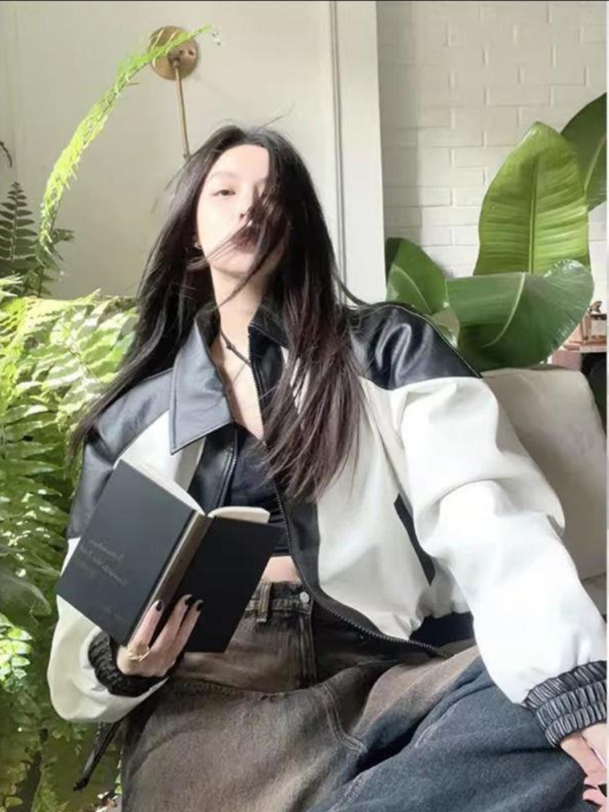 Blouson en cuir à manches longues pour femmes, vintage, chic chinois, noir et blanc, printemps automne