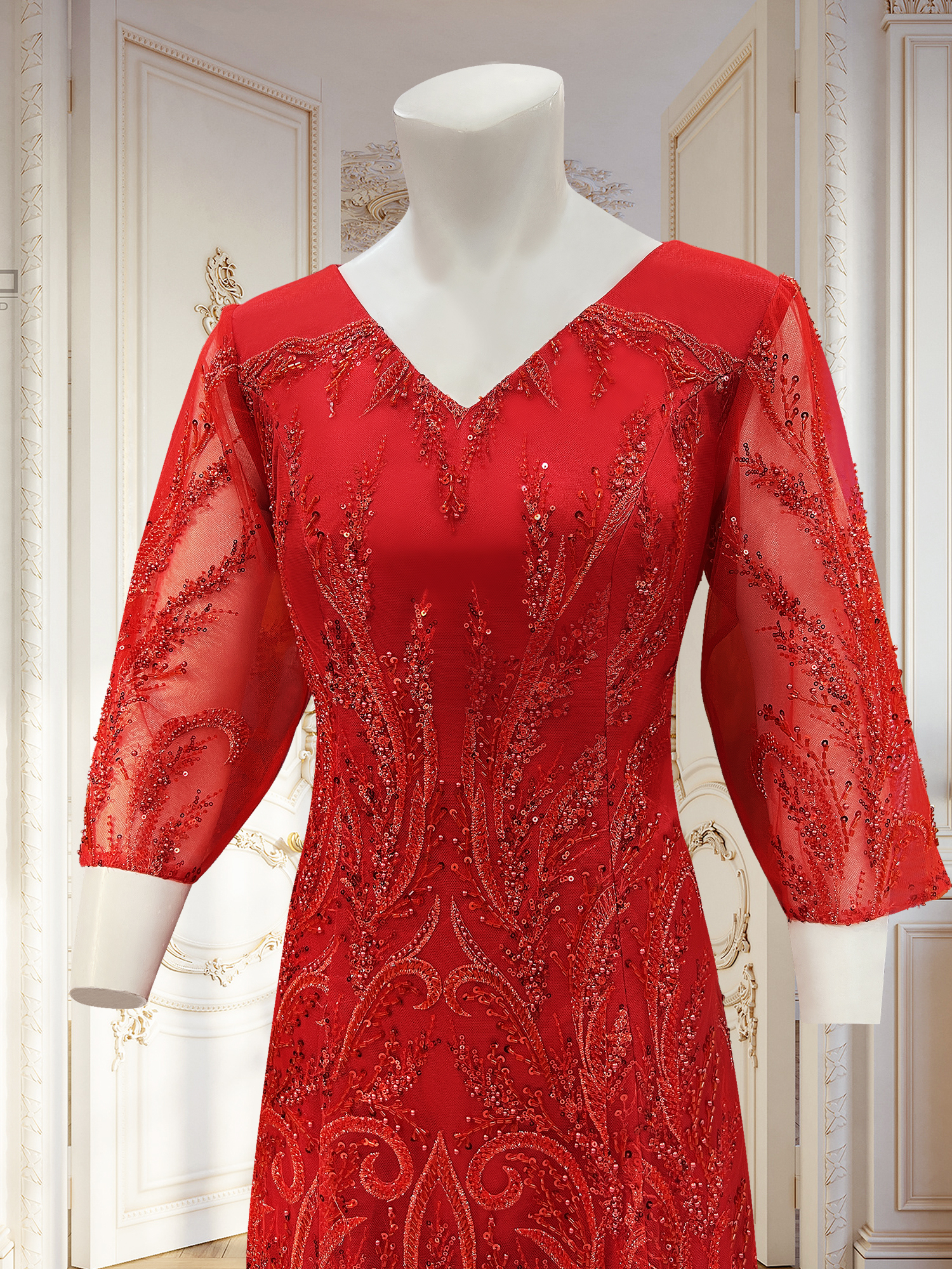 Vestido elegante e elegante com pérola de unha, renda vermelha, luxo acessível, vestido de noite para mãe