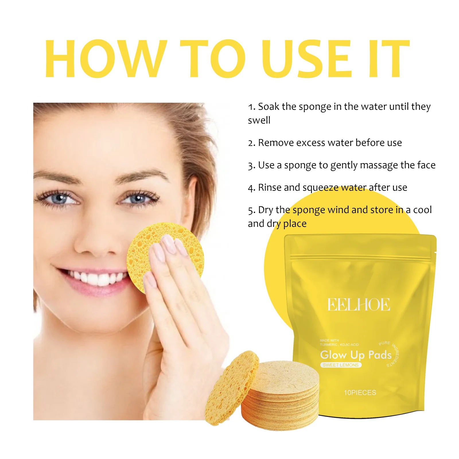 Almofada de limpeza de cúrcuma limpa profundamente a pele, remove sujeira, controla o óleo e suaviza a pele esfoliante e macia
