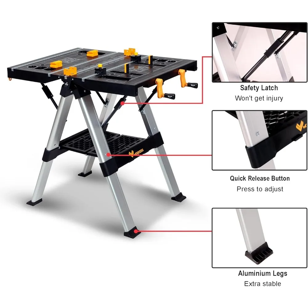 Portable Workbench & Sawhorse, 440Lbs/1000Lbs Capacity Heavy Duty Folding Work Table, 21.5"-32.5" Adjustable Height with Clampin