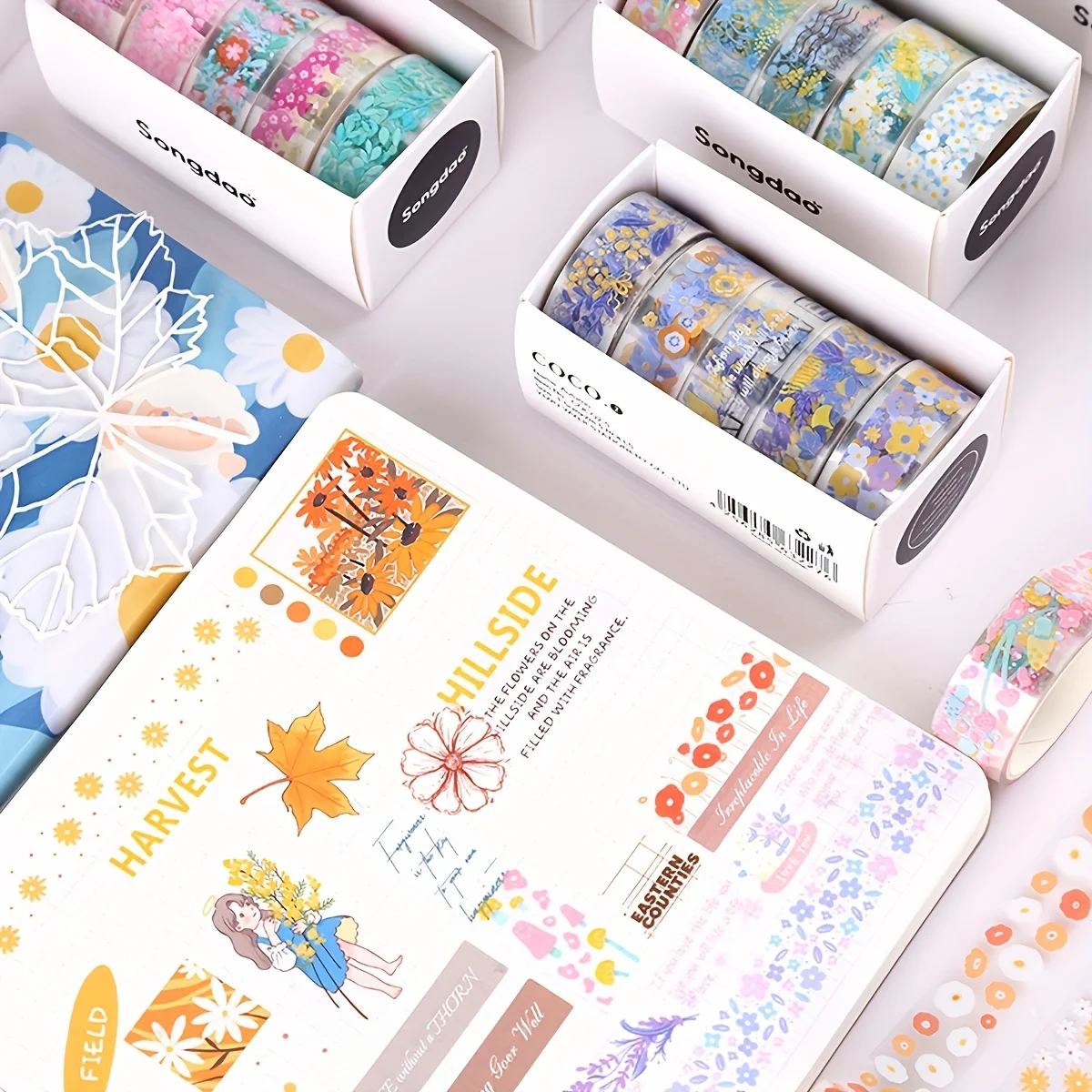 5 rotoli/scatola di nastro washi floreale vintage, piccolo nastro decorativo floreale trasparente in materiale PET, un regalo indispensabile per gli amici