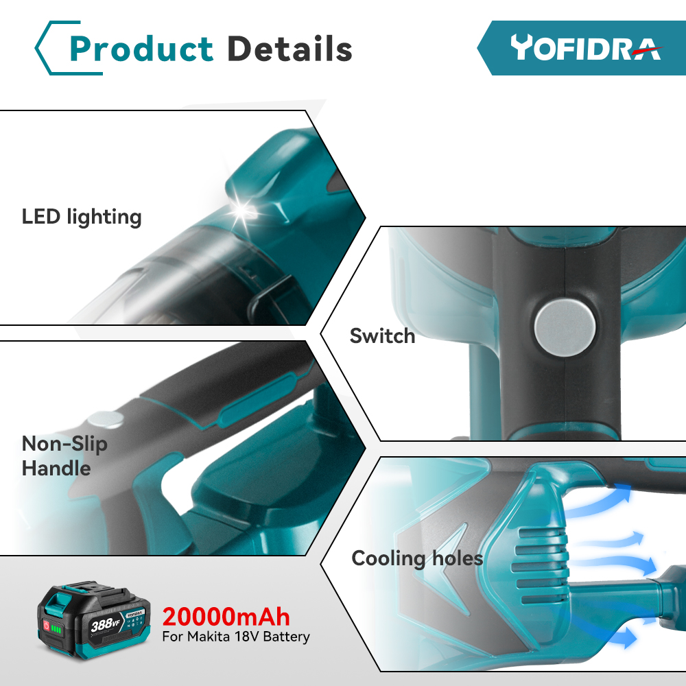 YOFIDRA 1500W Aspirapolvere Elettrico Cordless Multi-funzione Pulitore Palmare Pulizia Polvere di Neve Strumento per 21V 18V Batteria