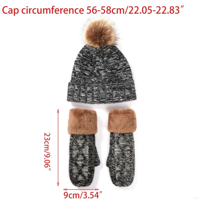 270D 2 Pieces Women Winter Cable Knit Beanie Hat with Full Finger Gloves Mittens Set Thicken Thermal Plush Lined Skull
