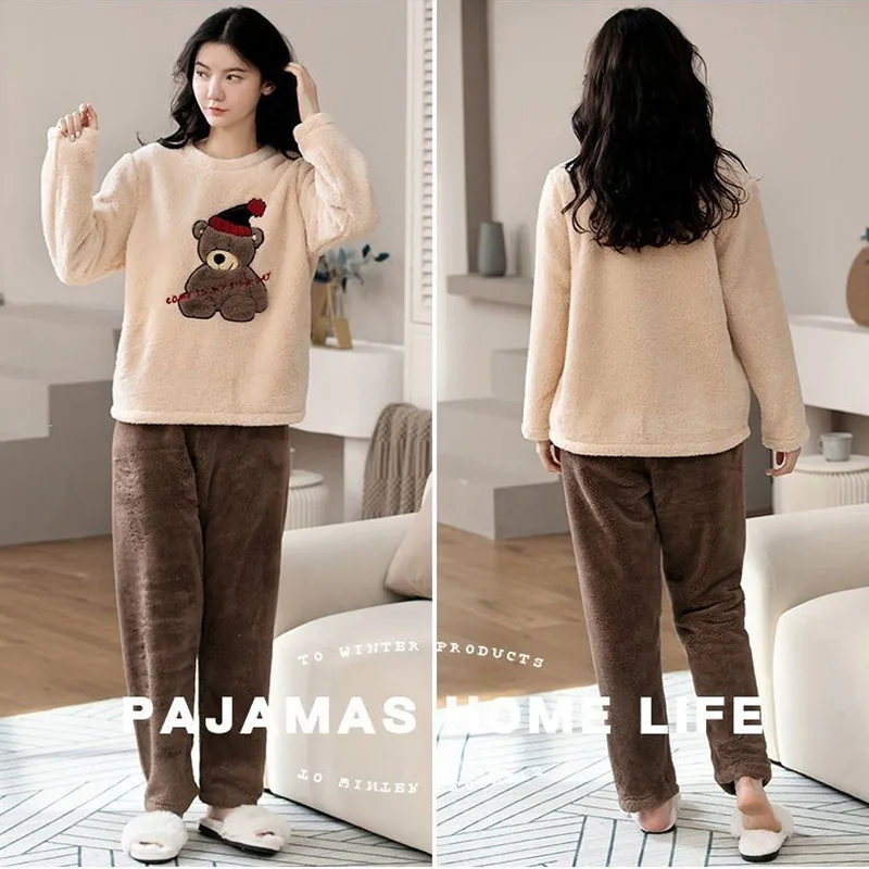 Mulheres tamanho grande Pijama acolchoado, espessado, manga comprida, calça comprida, veludo coral, urso dos desenhos animados, quente, outono, inverno, 2 peças conjunto