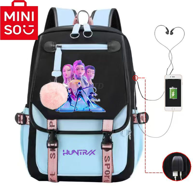 2025 MINISO 新しい共同ブランド Kpop 映画デーモン ハンターズ学生バックパック、男性と女性のラップトップ、USB ポート バッグ