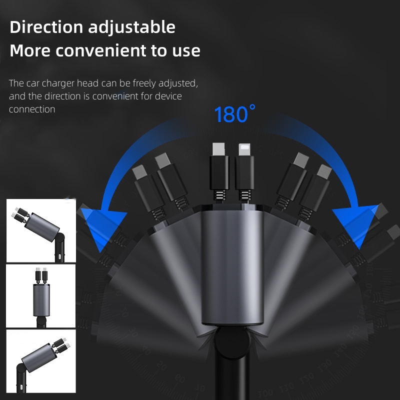 Carregador de carro retrátil, carregador de carro de carregamento rápido 4 em 1 120W, cabo retrátil e 2 portas USB compatível com adaptador de carregador de carro