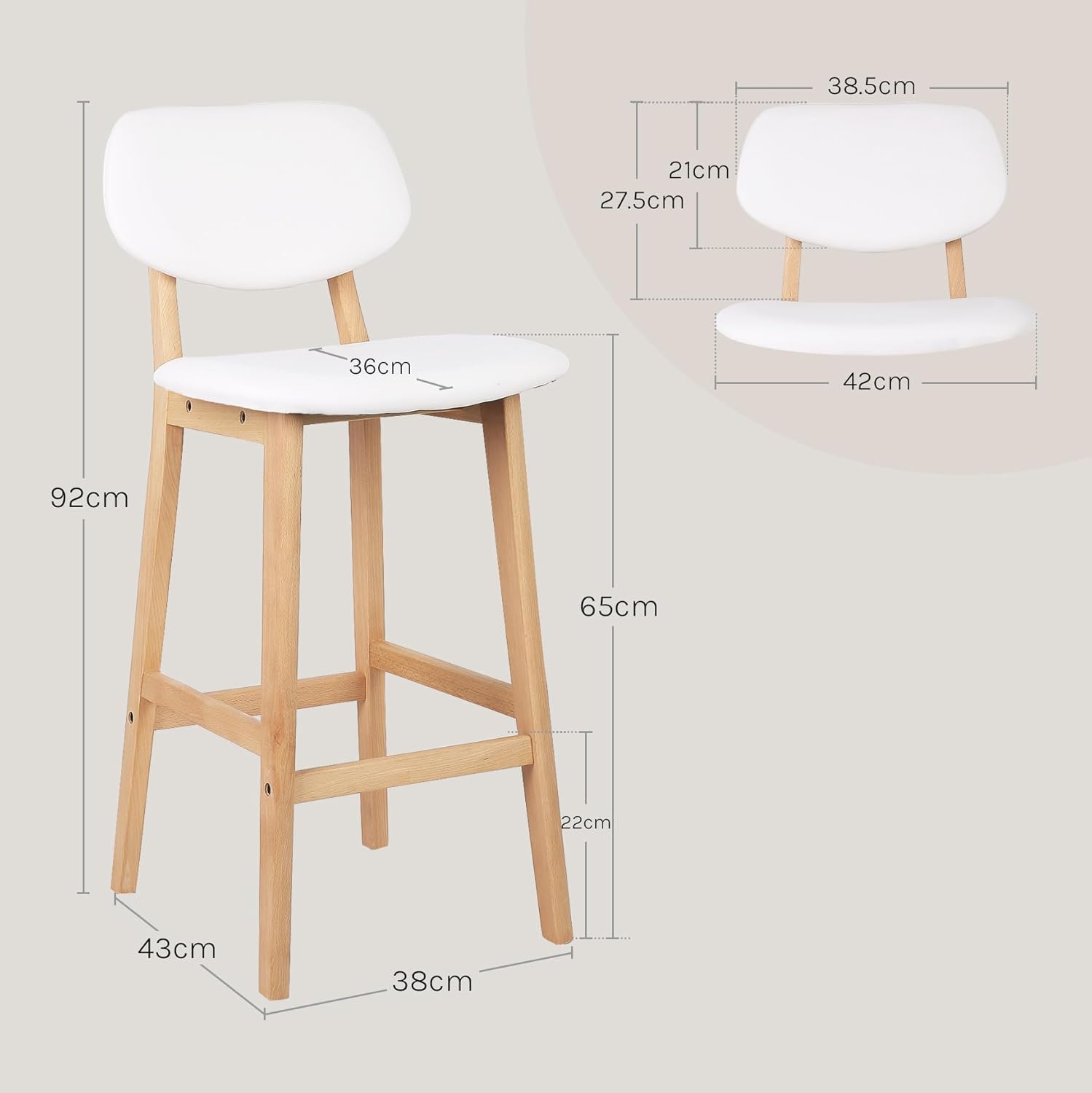 Juego Taburetes de Bar Bien Acolchado Asiento y Respaldo de Cuero Artificial Silla Diseño Madera Blanco