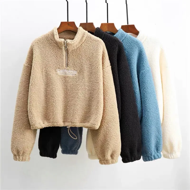Vrouwen Letter Borduurwerk Stand Hals Fleece Cropped Hoodies Herfst Lange Mouw Trekkoord Sweatshirt Nieuwe Casual Pluche Fluwelen Tops
