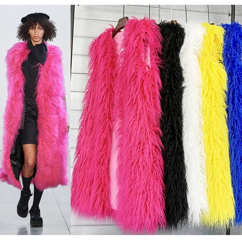 Chaleco largo de piel de oveja de Mongolia sintética para mujer, abrigo de felpa de talla grande, chaqueta colorida y cálida, prendas de vestir exteriores peludas, Otoño e Invierno