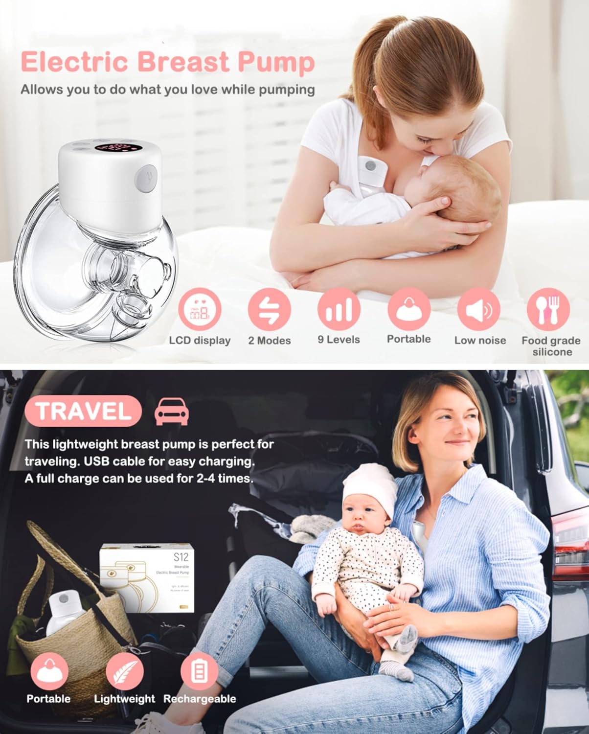 BornBL S12 tire-lait électrique mains libres Double extracteur de lait tire-lait portable avec écran LCD à faible bruit et indolore