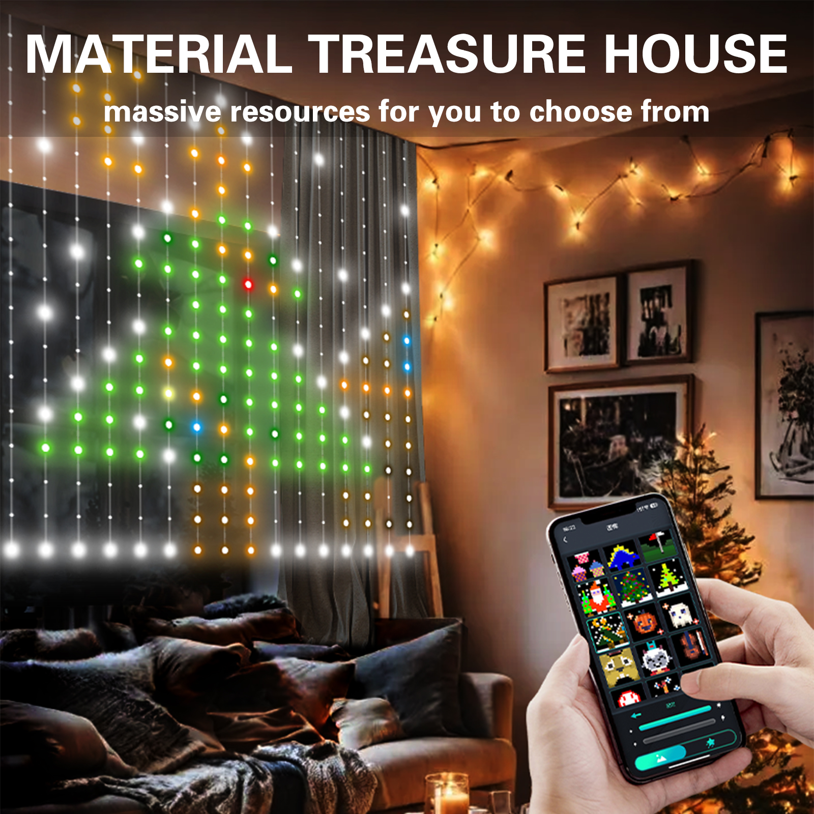 Intelligente Vorhangleuchte, Bluetooth-LED, intelligente Lichterkette, 1,6 m x 1,6 m, Girlandenlicht für Weihnachtsfeier, Schlafzimmerdekoration