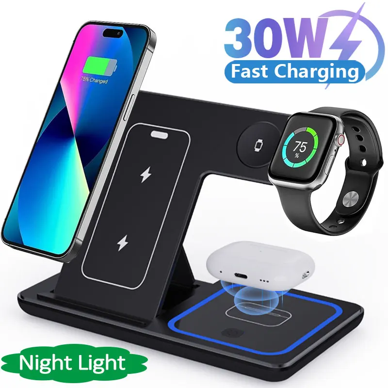 30 W LED-Schnellladestation für kabelloses Ladegerät, 3-in-1, faltbare Ladestation für iPhone 15 14 13 12 11 Apple Watch 9 8 7 6 5 Airpods Pro