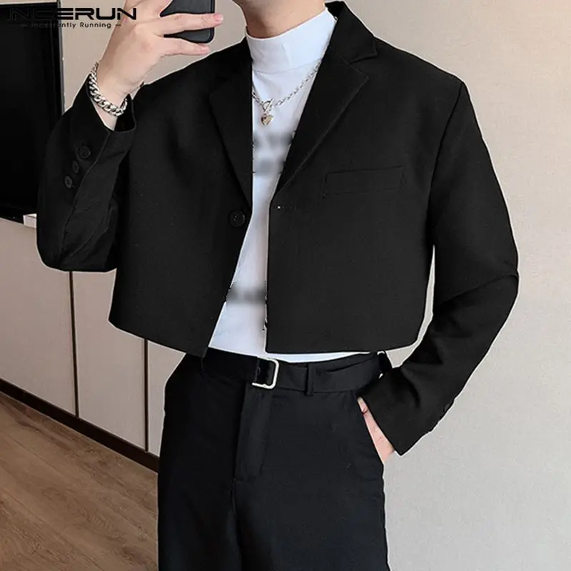 INCERUN-Chaqueta para hombre, ropa de calle de manga larga con solapa de Color sólido, trajes informales con un botón, abrigos cortos de moda para otoño 2023, S-5XL