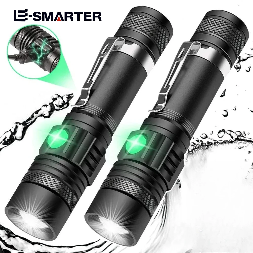Linterna portátil de aleación de aluminio, potente linterna LED recargable por USB, Zoom táctico para exteriores, luz de Flash impermeable para acampar