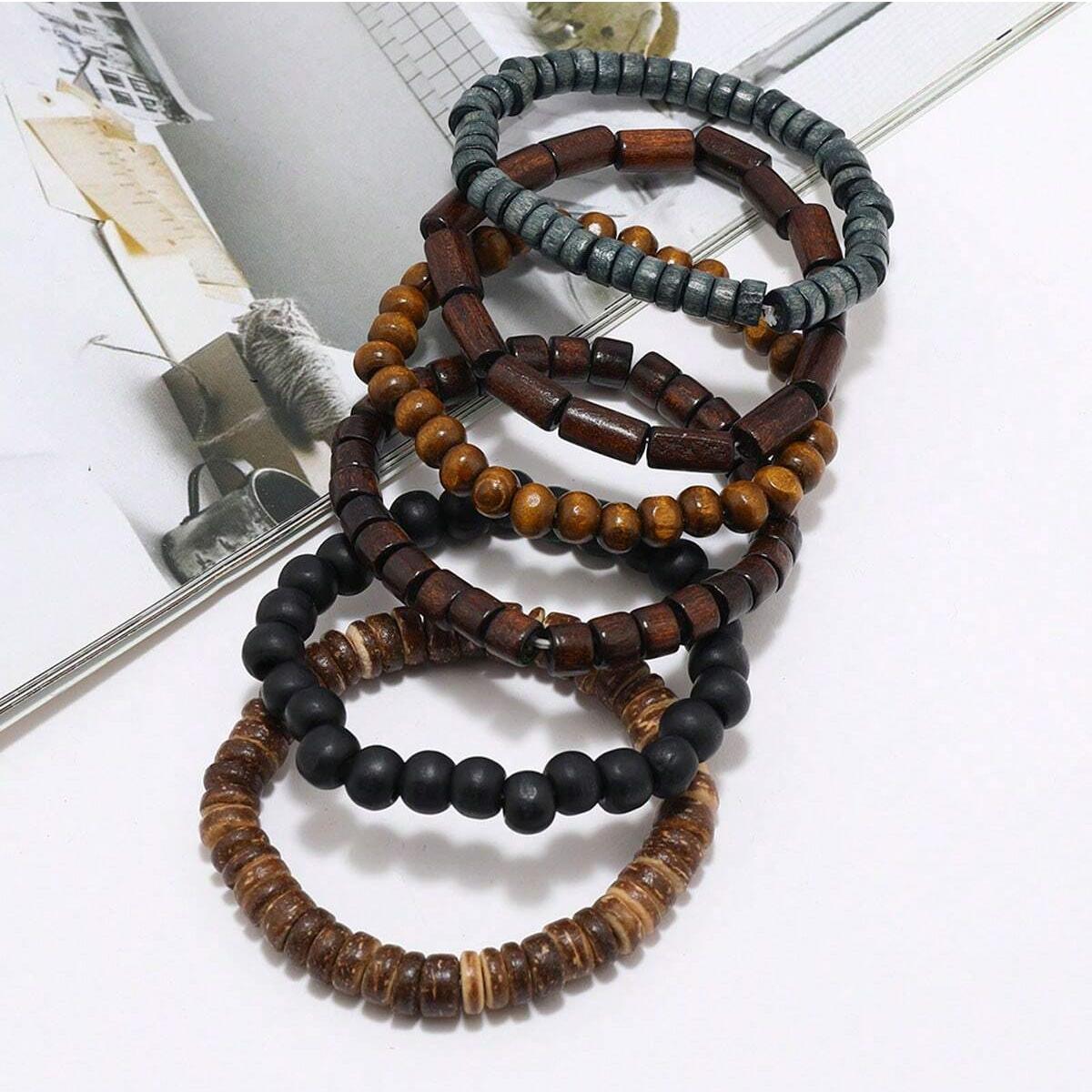 6 uds Wodeen pulsera de cuero envolvente trenzada para hombres cuentas de madera de vida Vintage brazalete masculino de moda