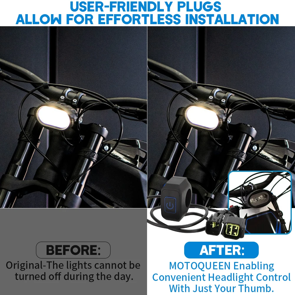 Para Talaria Sting R MX4 interruptor de montaje en manillar de motocicleta interruptor de apagado de faro con luz LED azul Plug & Play resistente al agua