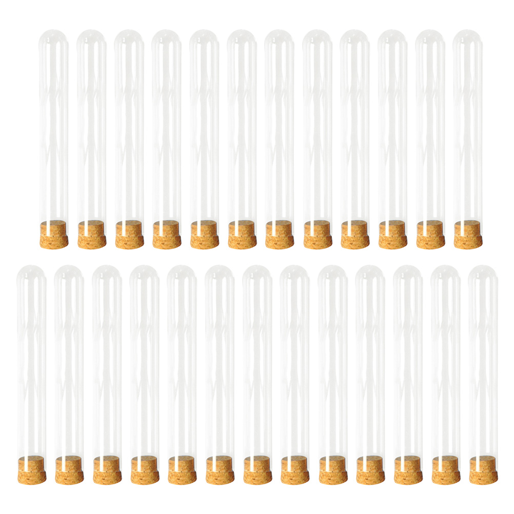 25 Stück 15 x 150 mm durchsichtige Kunststoff-Reagenzgläser, nachfüllbare Flasche mit Korkstopfen, Probenbehälter, Labor, Schule, Experiment