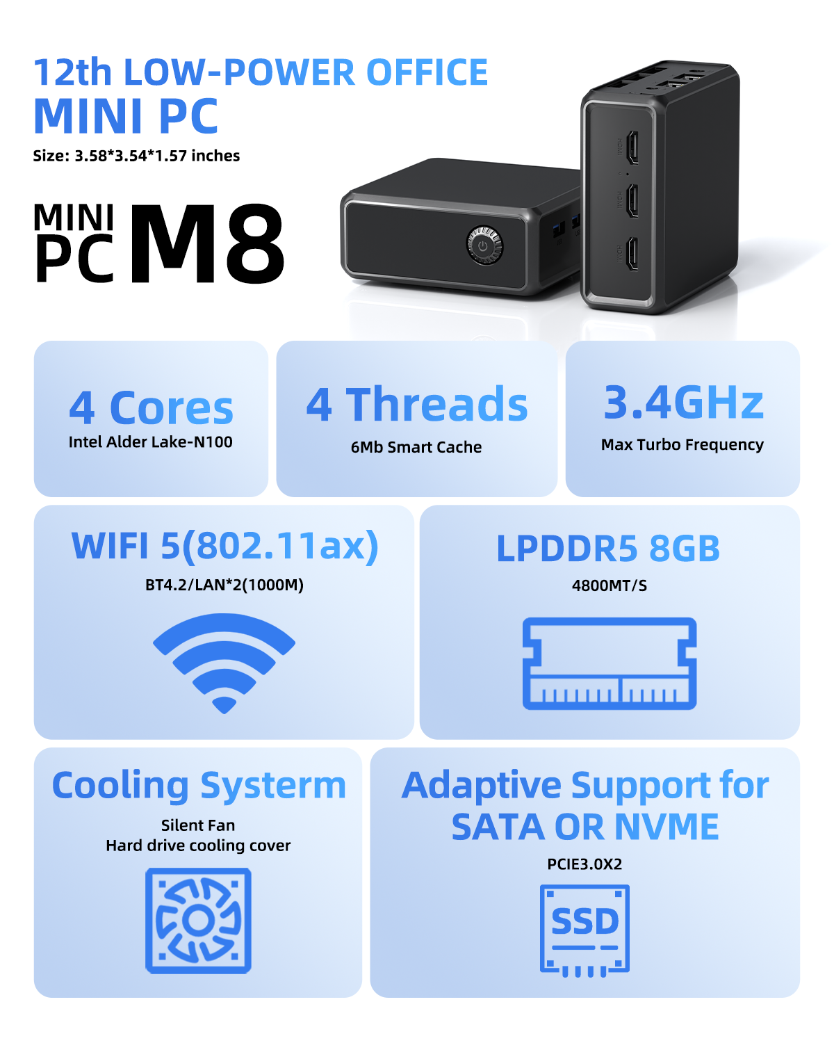 ZXIPC Mini PC 12th Intel N100 4Cores 4Threads LPDDR5  WiFi 5 16GB 512GB Desktop Gaming Computer Mini PC
