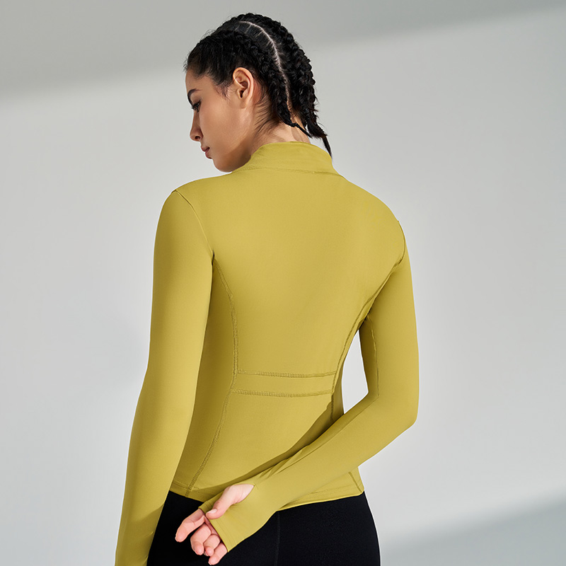 Top de Yoga con cremallera completa para gimnasio para mujer, chaqueta para correr y Fitness con orificios para los pulgares, Top elástico de manga larga con cuello redondo, ropa deportiva