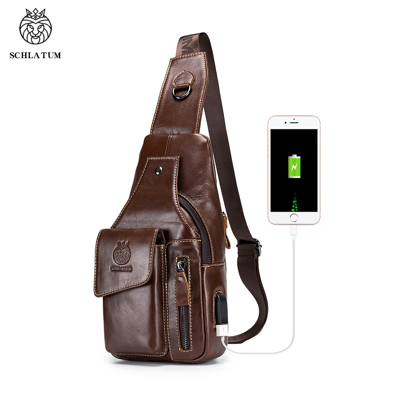 SCHLATUM 100% Echtem Leder Rindsleder Umhängetasche USB Brust Tasche Männer Mode Große Kapazität männer Retro Brust Taschen Schulter Tasche