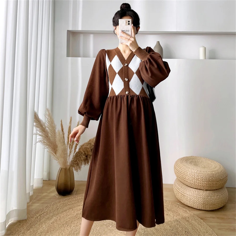 Vestido largo de punto para mujer embarazada, ropa de embarazo, suéter de retazos con cuello en V y botones, otoño e invierno, 2023