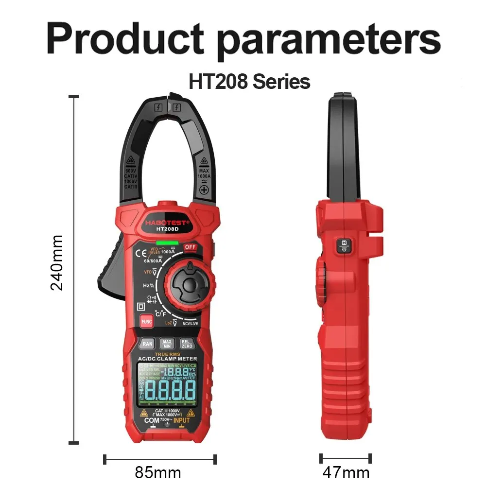 HT208A/D Amp Meter Clamp AC/DC,1000A เครื่องทดสอบมัลติมิเตอร์ True RMS,6000 นับ, พร้อมอุณหภูมิ, NCV, LPF, การทดสอบแรงดันไฟฟ้าและกระแสไฟฟ้า