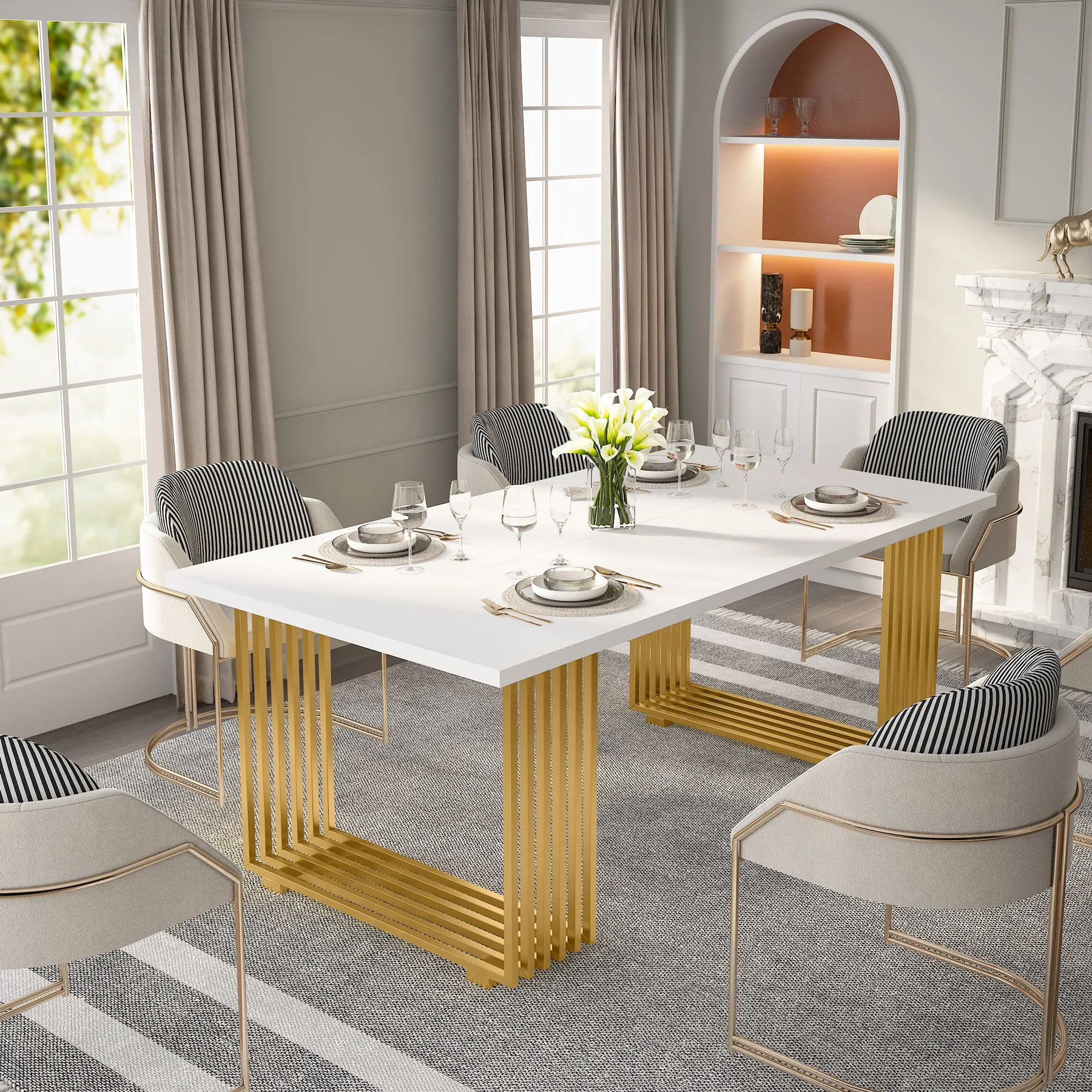 Mesa de escritório moderna com pés do metal do ouro, tabela de conferência pequena, mesa branca do computador, 1 tmm, 9 polegadas