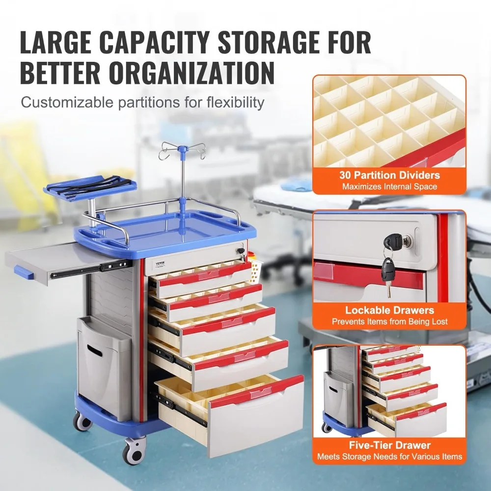 5-Tier Lab Cart With 5 Drawers, 4 Silent Wheels & 2 Trash Cans - Mobile Medical Utility Cart, PP Material - for Clinic, Hospital