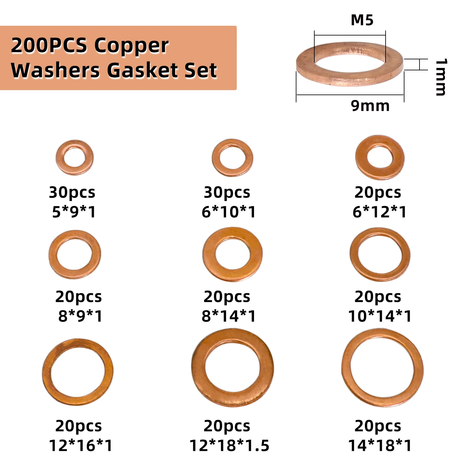 Junta de cobre em caixa multistandard em forma de o combinação de junta de cobre para entupimento de óleo e combinação de anel de vedação 1 caixa 200 peças