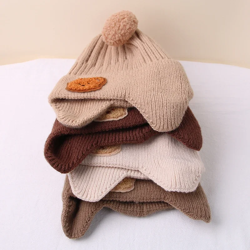 Chapéu de inverno para bebês, gorro com proteção de orelha de urso de desenho animado, chapéu de malha para crianças pequenas, meninos e meninas, bonito, coreano, quente, chapéus de crochê para crianças