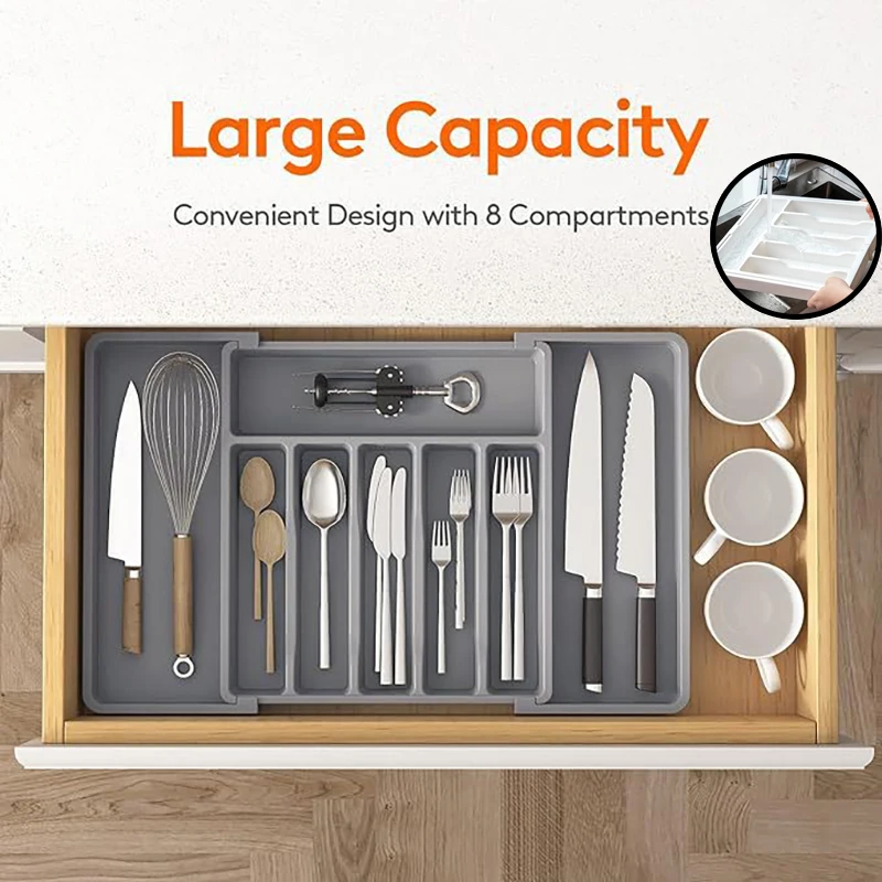 Organizador de cajón de cubiertos expandible, juego de bandeja de utensilios de cocina ajustable, divisor de almacenamiento de cubiertos con compartimento