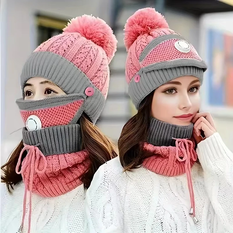 Conjunto de 3 piezas de bufanda y sombrero cálidos para mujer, moda de invierno, tejido estampado, válvula de ventilación amigable con la piel, accesorio cálido para las orejas, 3 uds.