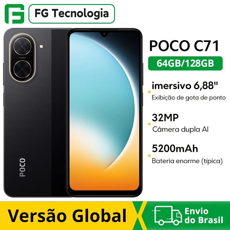 POCO C71 Versão Global Processador Octa-core 6.88 "Display Dot Drop 32MP câmera principal 15W carregamento rápido