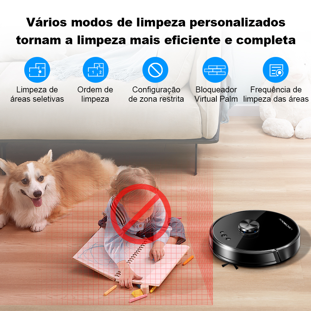 ( Código promocional: BR2020) Robô aspirador de pó Liectroux/Lilin XR500 , Sistema Lidar Laser LDS, vários andares mapas, zona de limpeza, área restrita configuração para casa tapete lavagem,Voz em português,6500Pa