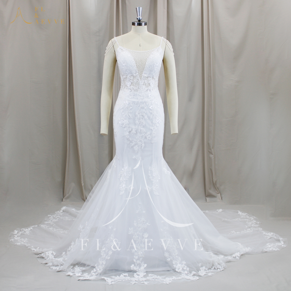 FL & AEVVE Aangepaste Luvury Kant Trouwjurk Spaghettibandjes Strand Bruidsjurken Bruiloft Jurk vestidos de novia