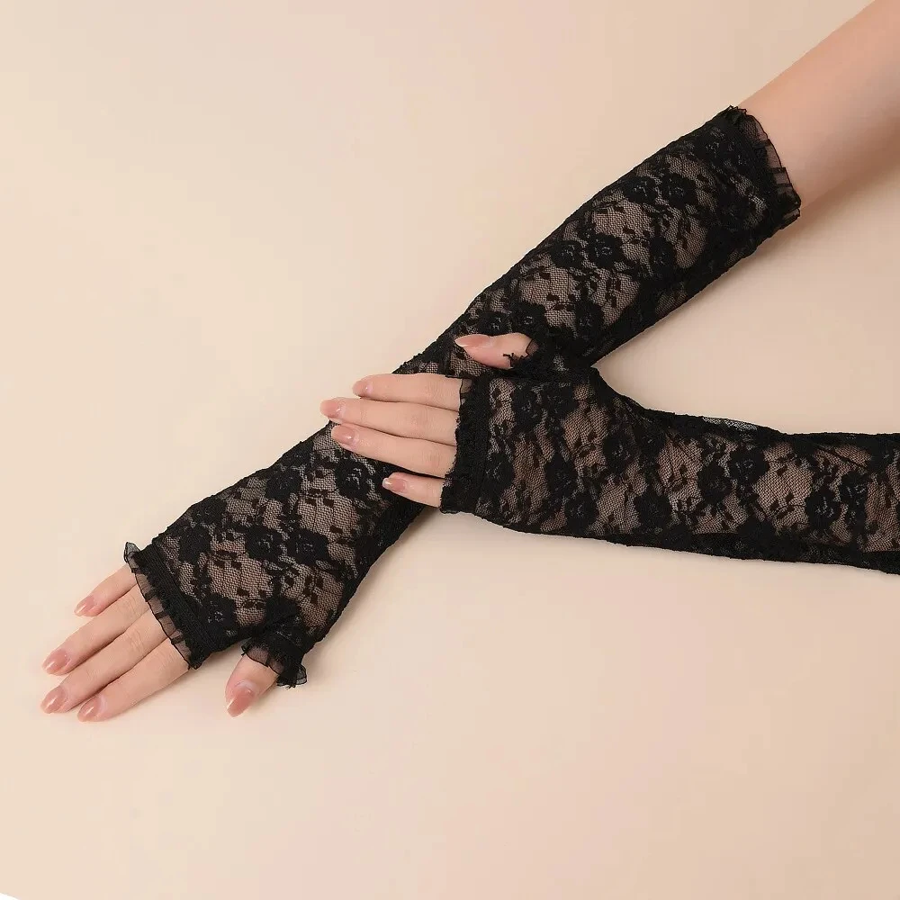 Verão feminino mangas longas rendas protetor solar motorista meio dedo resistente a uv rendas sexy luvas de noite