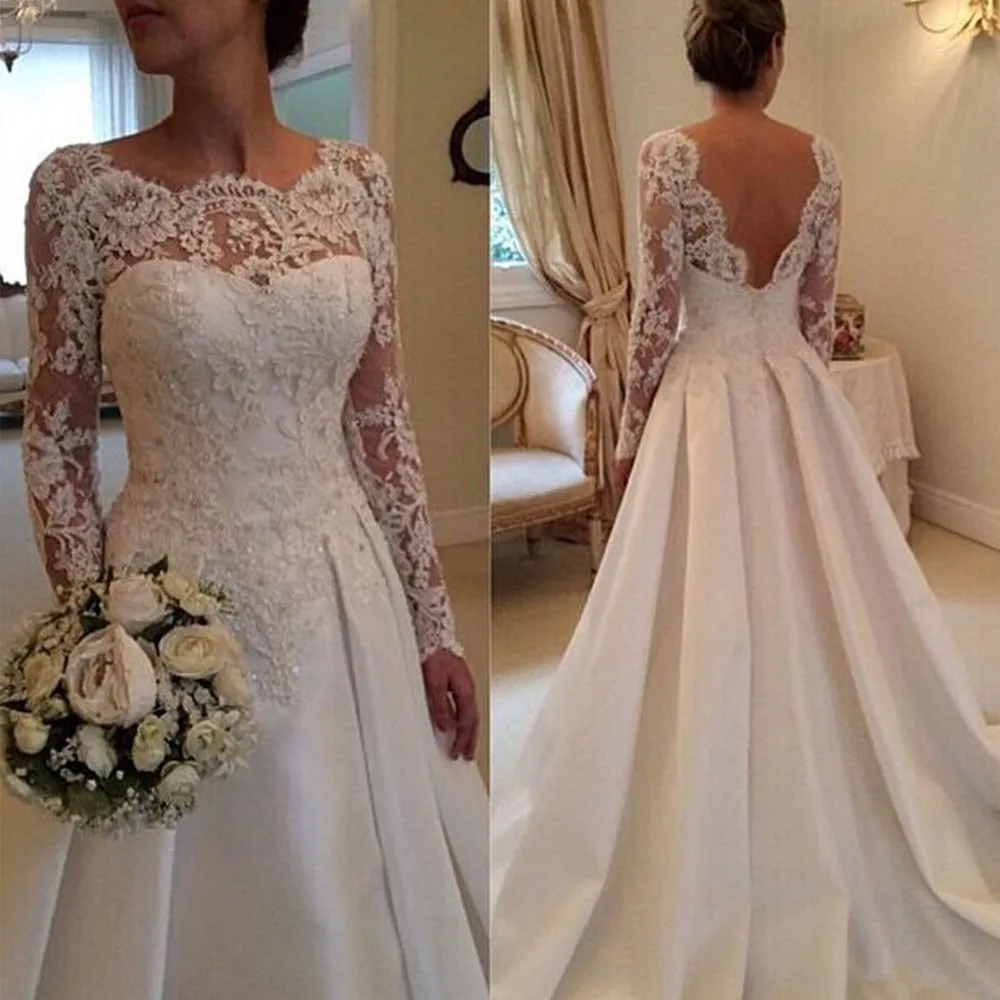 Elegante vestido de casamento sem costas 2020 vintage robe de mariée renda cetim manga longa vestidos de noiva 2022 feito sob encomenda robe de mariee