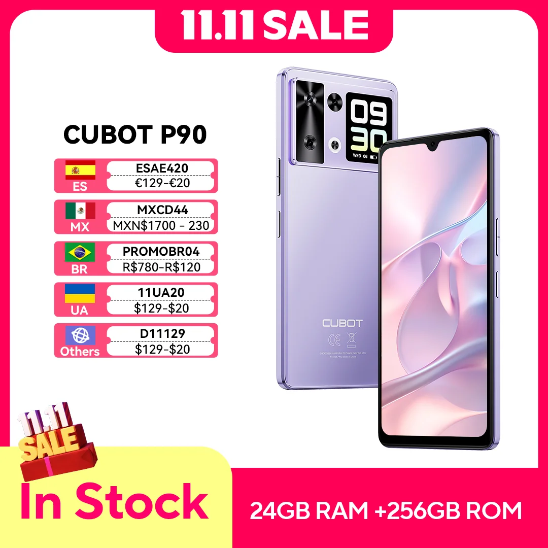 สมาร์ทโฟน Android 15 Cubot P90 หน้าจอ 6.88 นิ้ว 120Hz, RAM 24GB (ขยายได้ 12+12GB), ROM 256GB, โปรเซสเซอร์ G100 Octa-core 2.2GHz, กล้อง 64MP, แบตเตอรี่ 5100mAh, NFC, ลำโพงคู่, โทรศัพท์ 4G, smartphone android