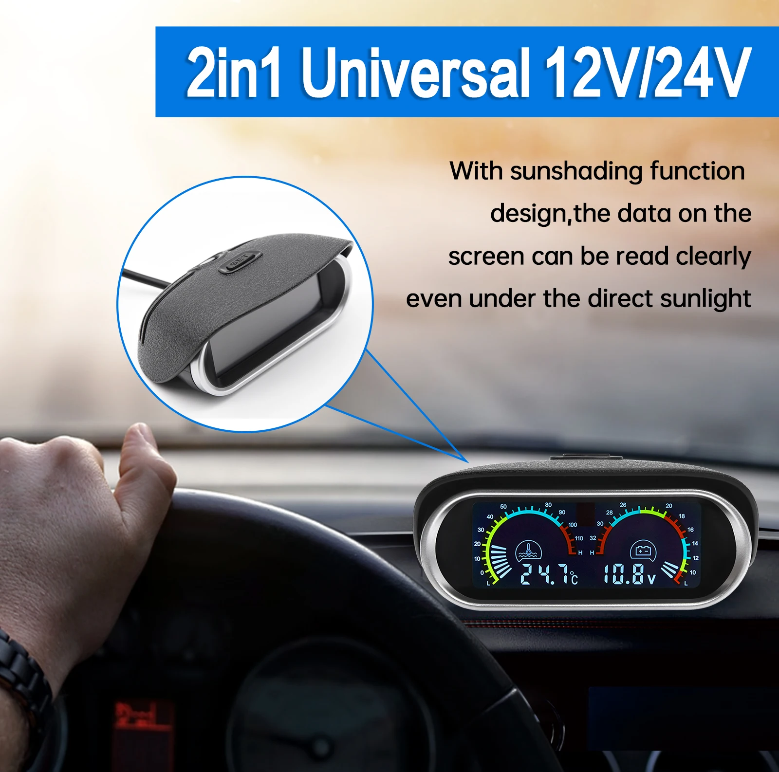 2 in 1 lcd auto wassermesser + wasser temperatur sensor 10mm meter voltmeter spannung digital horizontal 12v 24v zubehör