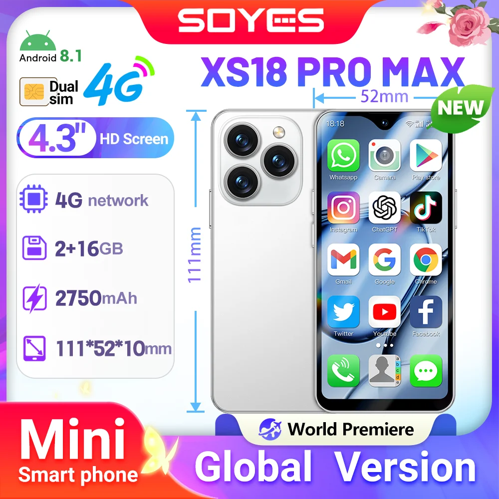 Estreno mundial SOYES XS18 Pro Max Mini Smartphone 2750mAh 4,3 "Global 4G Android8.1 con batería reconocimiento Facial GPS pequeño