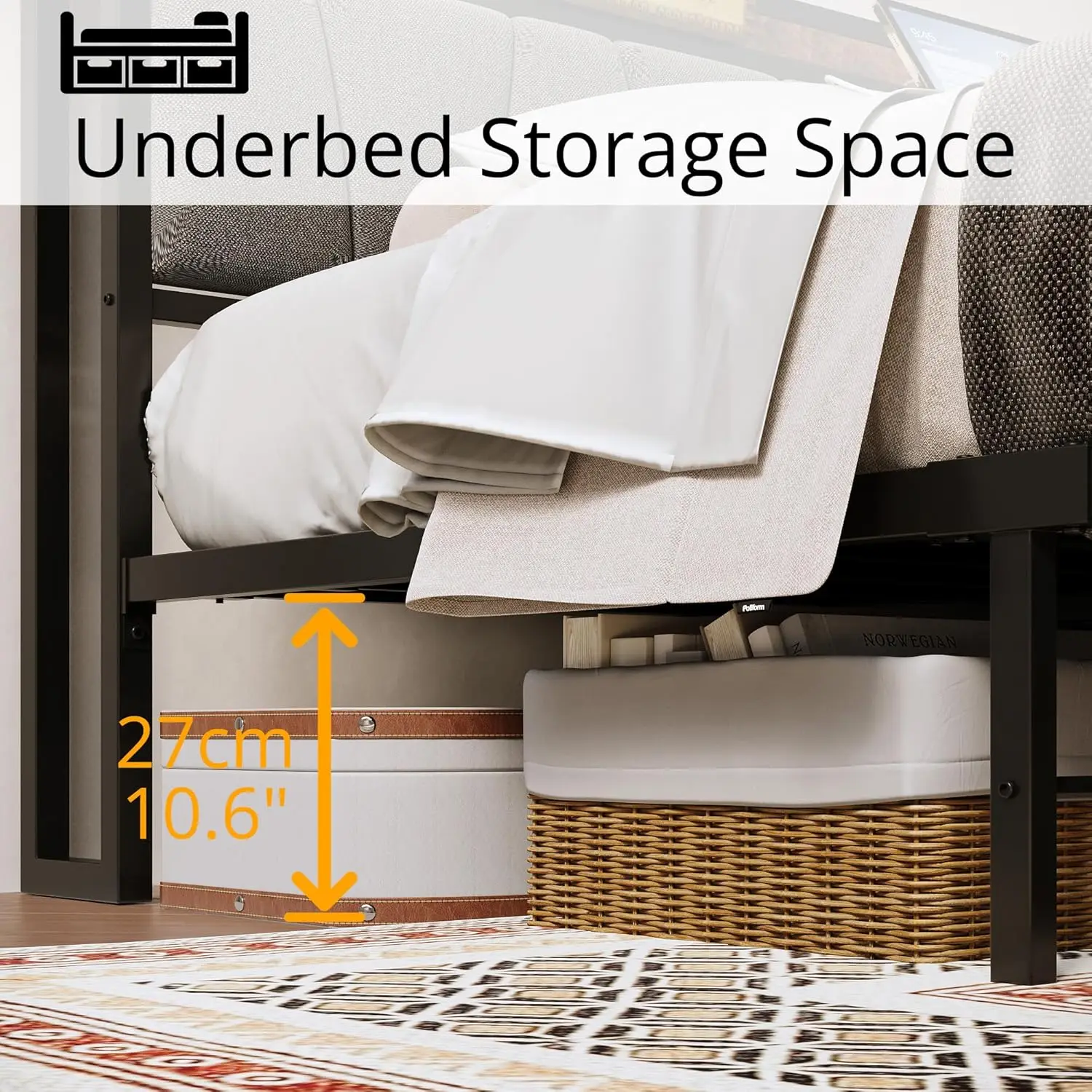Twin Bed Frames, Storage Headboard with Charging Station, Solid and Stable, Noise Free, No Box Spring Needed, Easy
