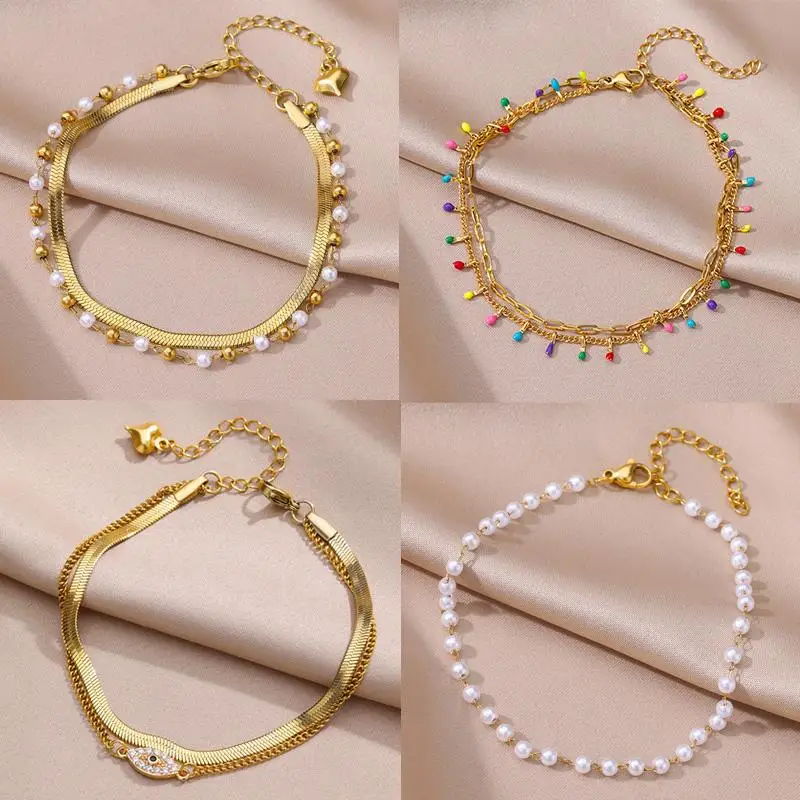 Tobilleras de cadena de perlas de imitación de acero inoxidable para mujer, Accesorios de playa, pulseras de pierna de Color dorado, regalo de cadena corporal, Verano, tobillera acero inoxidable de mujer