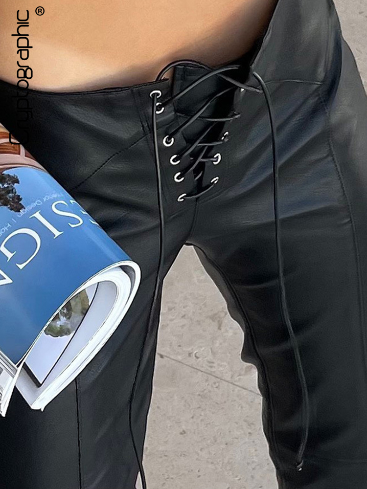 Kryptographische Mode PU Kunstleder High Rise Skinny Gerade Hosen für Frauen Streetwear Bottom Club Party Goth Hose Hosen