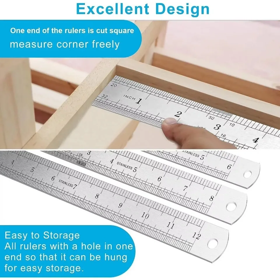 Righello dritto a doppio lato in acciaio inossidabile Centimetro pollici Scala righello metrico Strumento di misurazione di precisione Forniture per ufficio scolastico