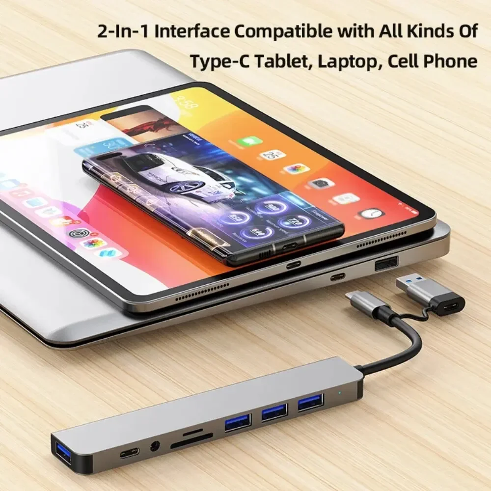 8 In 2 USB-C Hub 3.0 SD/TF Card Reader อะแดปเตอร์หลายพอร์ตสําหรับแล็ปท็อปแท็บเล็ตและโทรศัพท์ TypeC Docking Station สําหรับสํานักงานทํางาน