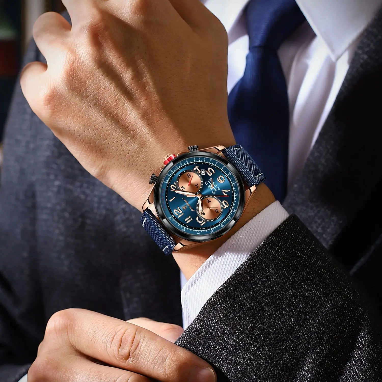 Reloj POEDAGAR de lujo para hombre, Reloj de pulsera con correa de cuero y nailon de cuarzo para hombre, cronógrafo luminoso resistente al agua, relojes con fecha para hombre, Reloj + caja