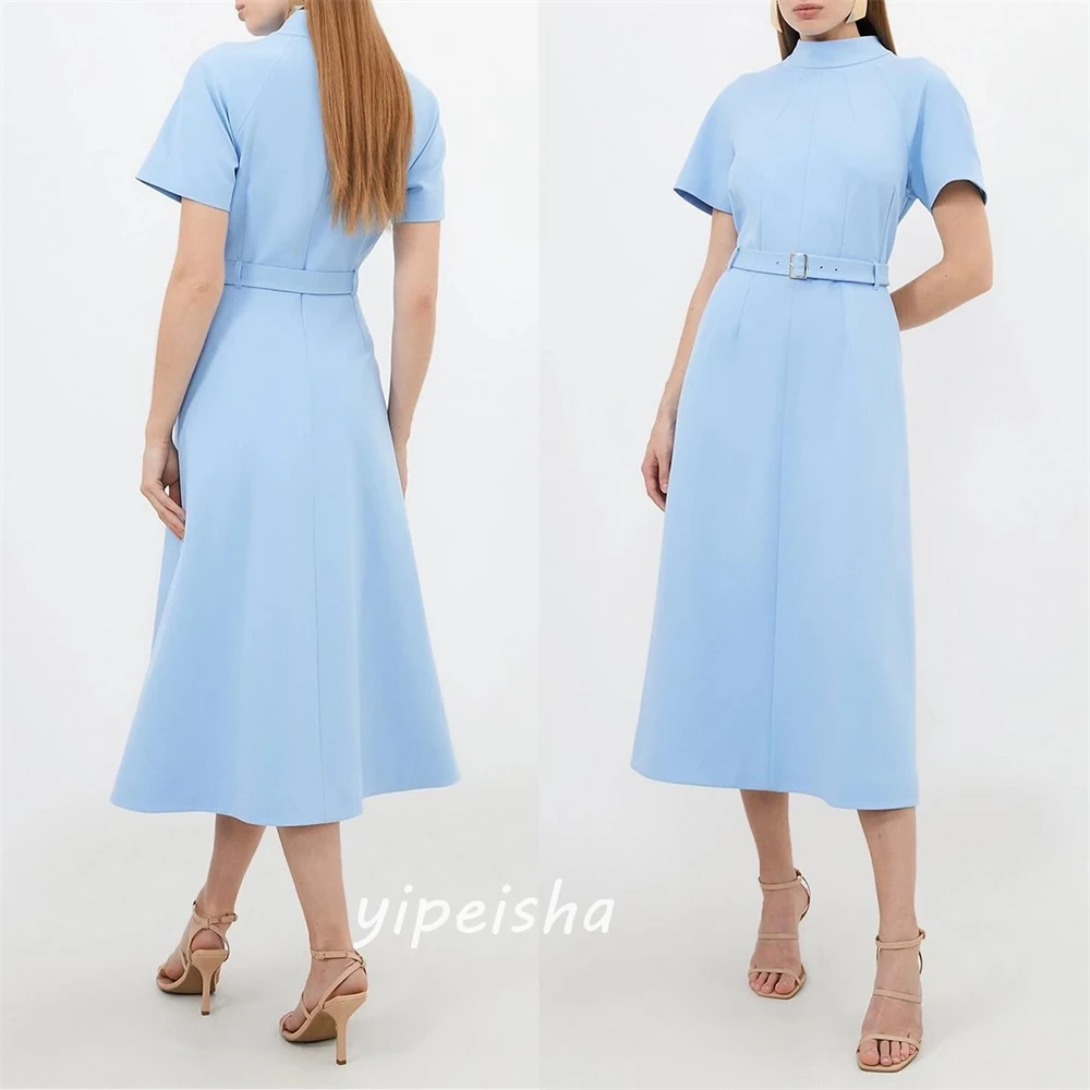 Personalizado jiayigong clássico estilo moderno gola alta chá-comprimento a linha cintos vestidos de ocasião sob medida