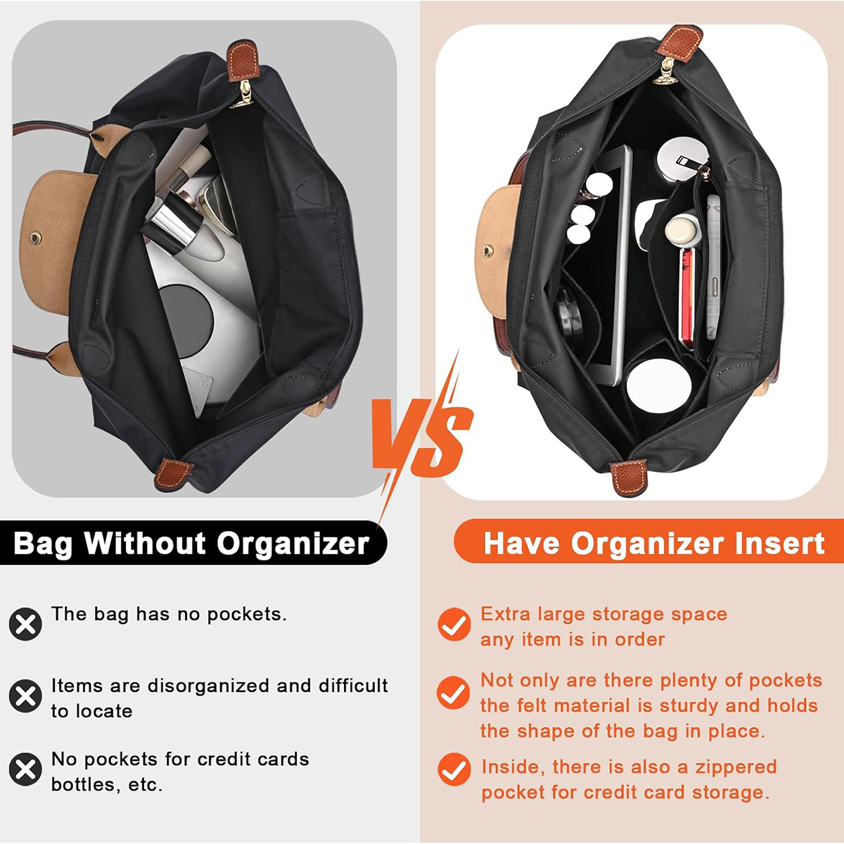 Felt Purse Organizer Insert for Longchamp Le Pliage S/ML Handbag Insert